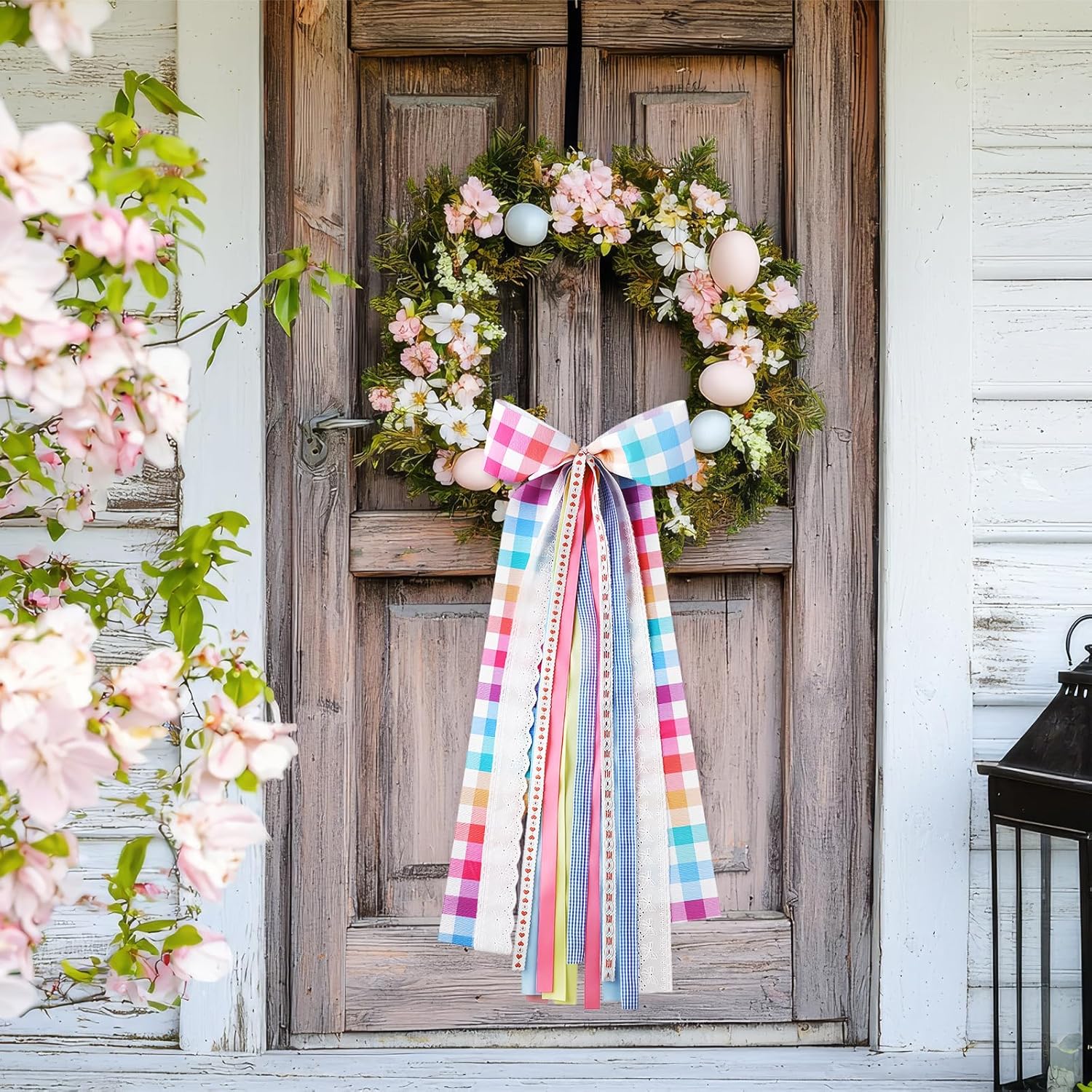 Riceshoot Large Spring Wreath Sash - Pink Plaid Bow & Clip for Front Door | 9.84'' x 23.62'' Easter Decor