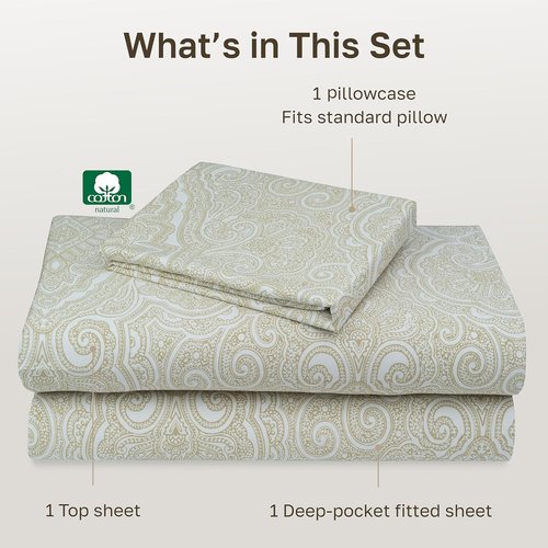 California Design Den Twin XL Cotton Sheets Set - 100% Soft Cotton, 400 Thread Count, Award-Winning Comfort | Paisley Beige