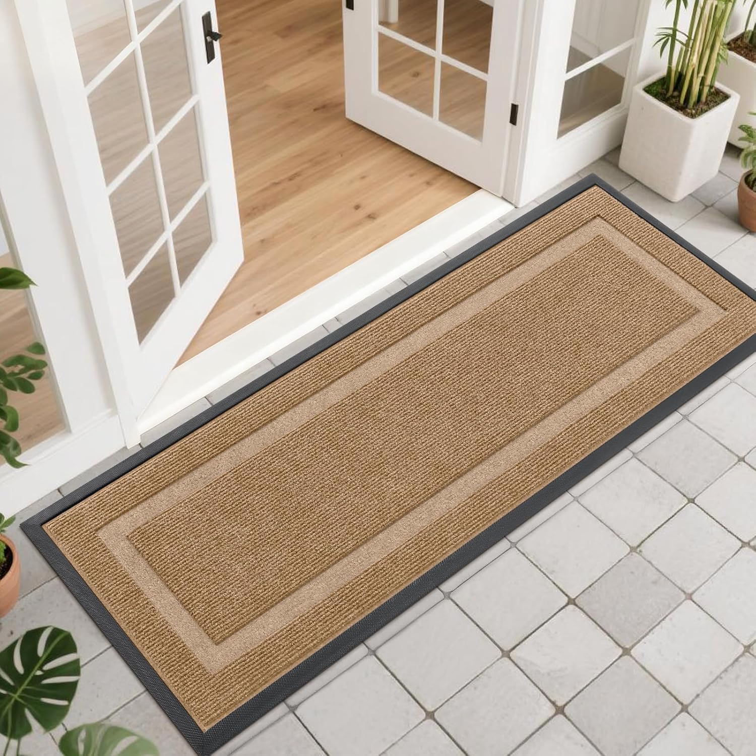 OLANLY Indoor Outdoor Front Door Mat - Waterproof All-Season Doormat, Sturdy Rubber, 47x17, Light Brown