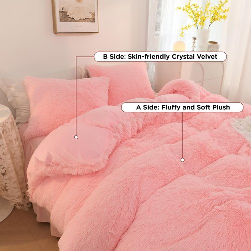 Litanika Pink Fluffy Comforter Queen Size, Luxury Shaggy Faux Fur Bedding Cute for Women Girls, Ultra Soft Velvet Fuzzy Queen Bed Set 3 Pieces(1 Plush Comforter 90×90 Inch, 2 Pillowcases)