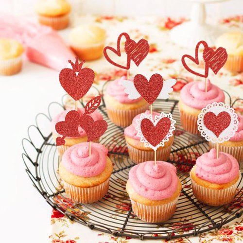 Ercadio Red Heart Cupcake Toppers - Glittery Valentine’s Day Picks for Bridal Showers & Parties | 24 Pack