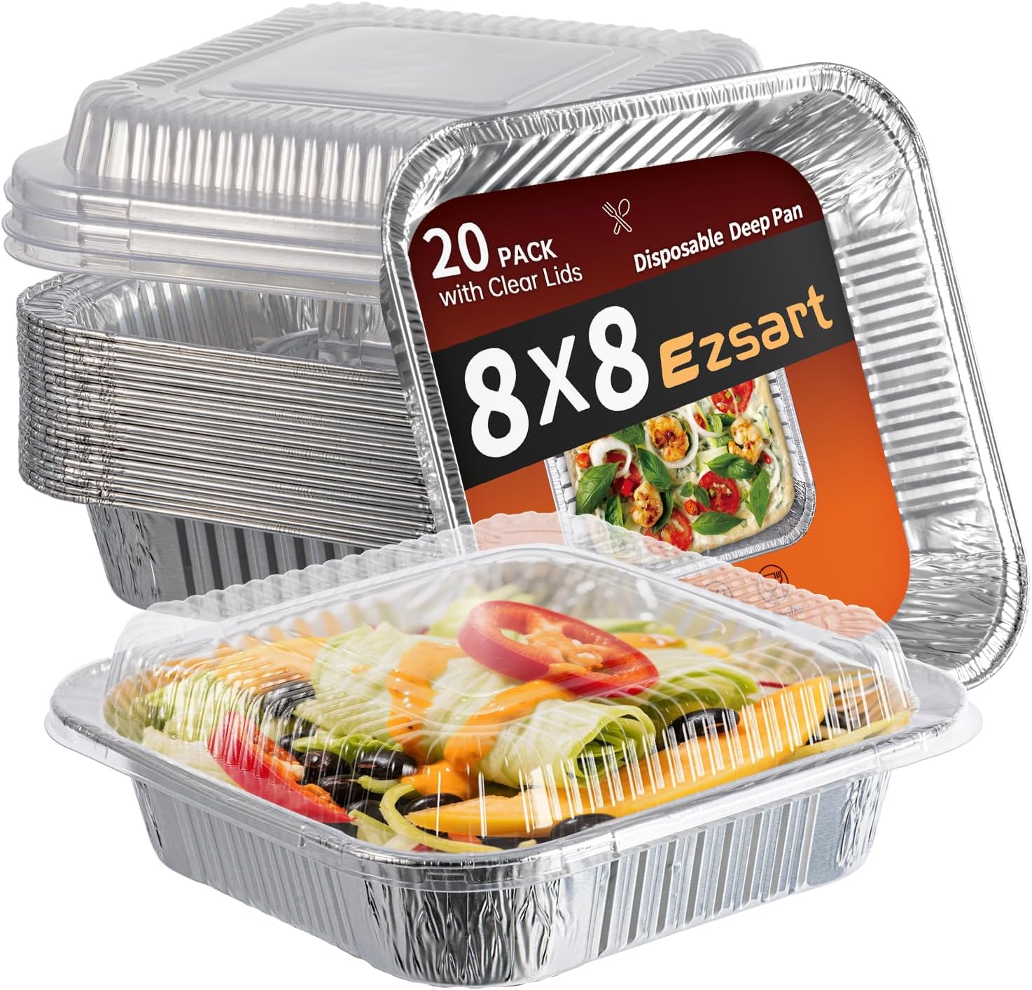 Aluminum Pans 8x8 with Clear Lids - 20 Pack Disposable Baking Trays for Cooking, Heating & Storing