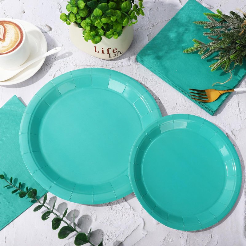 Whaline 100Pcs Teal Tableware Set Teal Blue Disposable Dinnerware 50Pcs Paper Plate 25Pcs Napkin 25Pcs Cup for Birthday Wedding Baby Shower Family Picnic Party Supplies Table Decor