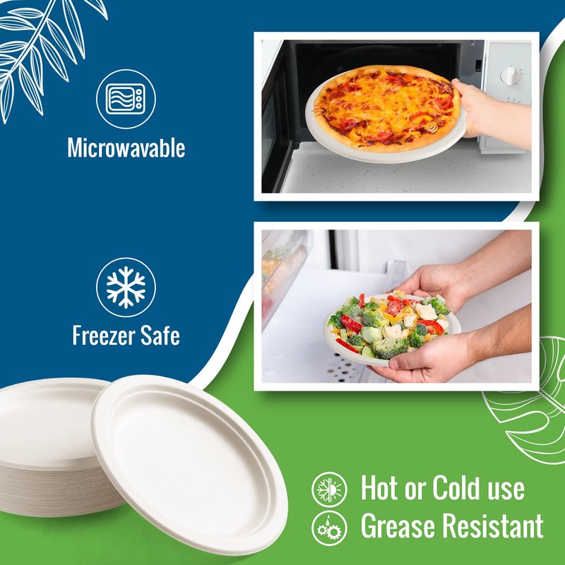 SafeWare White Paper Plates, 10 Inch, 150 Count - Food Grade Sugar Cane Fiber, Compostable & Biodegradable, Microwavable, Hot & Cold Resistant, Heavy Duty Disposable Plates Bulk