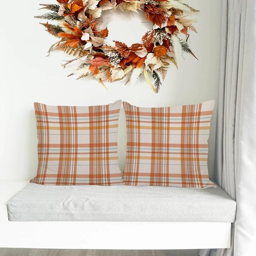 AOFANGGO Fall Pillow Covers 20x20 Set of 2 Autumn Decorative Throw Pillow Cases Orange Blue Plaids Cushion Covers Faux Linen,Farmhouse,Thanksgiving,Home Décor,Outdoor,Patio,Patch