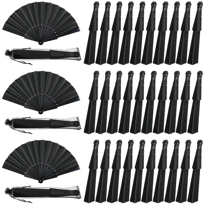 Wenqik 80 Pcs Wedding Folding Hand Fans Bulk Silk Fabric Chinese Handheld Foldable Clack Fans with Plastic Ribs for Party, Wedding Gifts, Line Dancing, Home Decorative (Black)