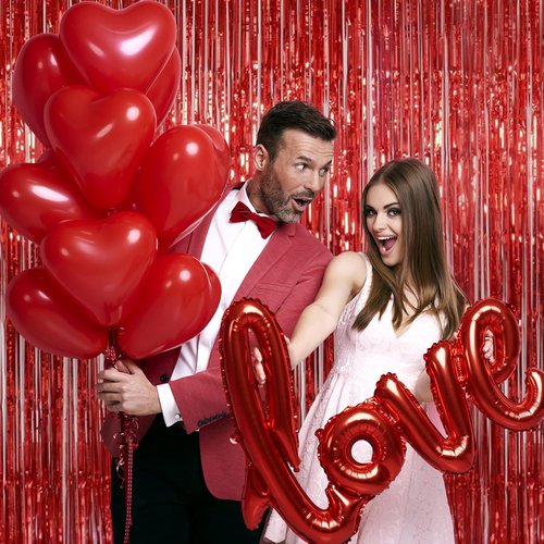 Melsan Red Tinsel Fringe Backdrop - 3.2 x 8 Ft Metallic Foil Curtains for Parties & Photo Booths | 2 Packs