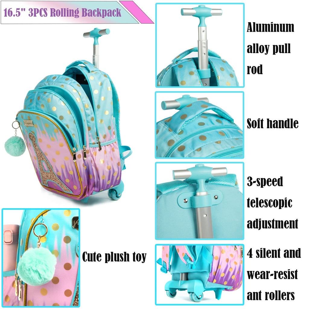 Egchescebo School Bags Kids Rolling Backpack for Girls Luggage Suitcase With Wheels Trolley Wheeled Backpacks for Girls Travel 3PCS Cat Backpack With Lunch for kids Sky Blue Bags