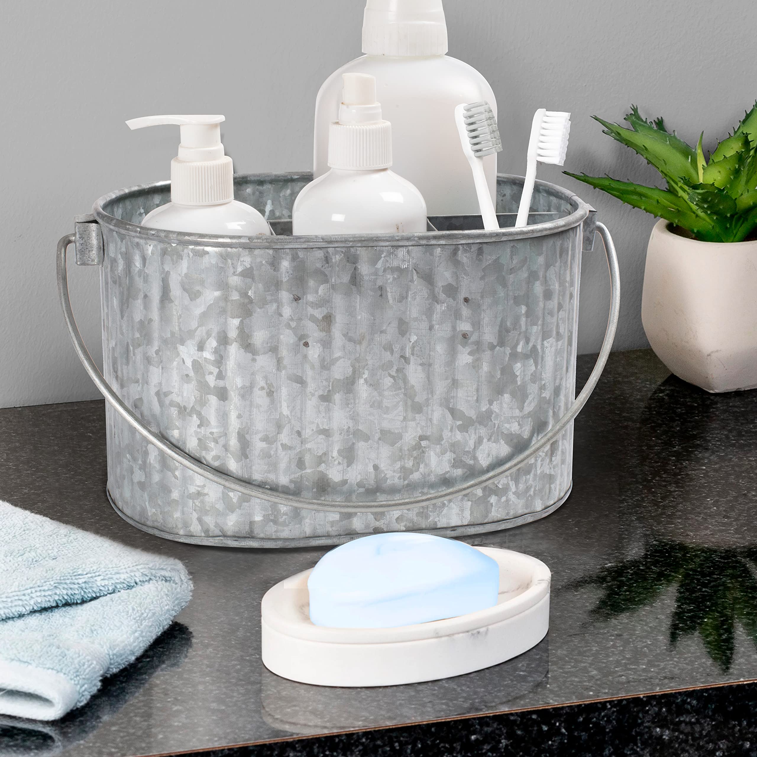 CLEENTABLE Galvanized Metal Caddy with Handle - Heavy Duty Utensil Holder & Cutlery Organizer, Rustic Farmhouse Tabletop Storage Bin for Kitchen, Picnic, BBQ, and Parties