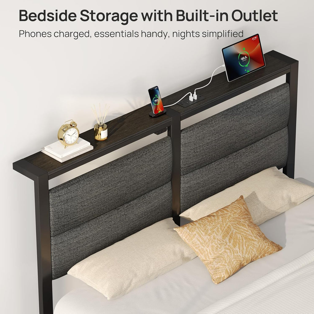 Rolanstar Full Size Bed Frame - LED Upholstered Storage Headboard with Charging Station | Grey, Noise-Free Design