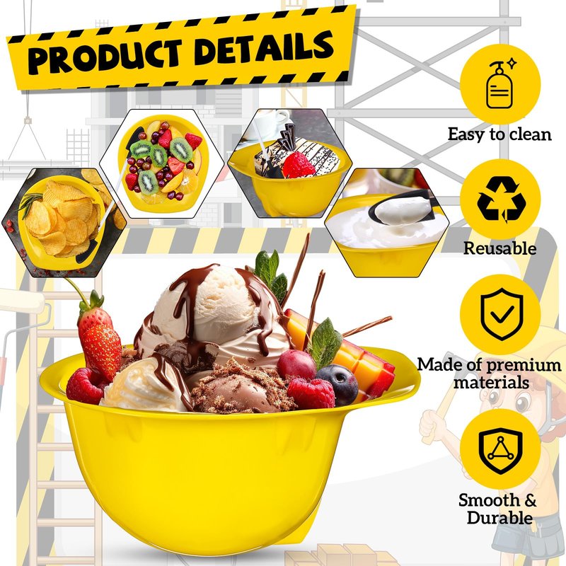 Uiifan 24 Sets Construction Ice Cream Bowls with Shovel Spoons, 8 oz Plastic Helmet Dessert Cups Snack Bowls for Construction Birthday Party Supplies, Kids Themed Party Favors (Yellow)