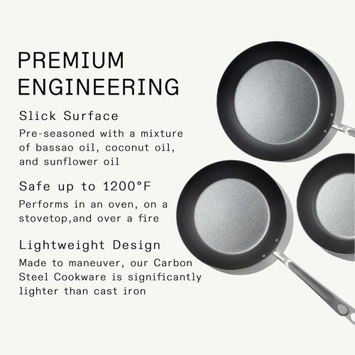 Made In Cookware | 3-Piece Seasoned Blue Carbon Steel Frying Pan Set (8", 10", 12") - Induction Compatible, Professional Quality