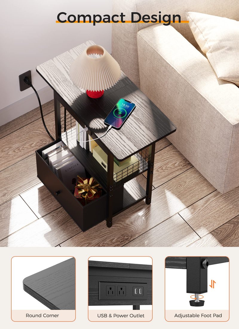 End Table with Charging Station, 25.5” Sofa Side Table with USB Ports and Outlets, Narrow Nightstand with Fabric Drawer, Slim Bedside Table with Storage for Living Room Bedroom Home Entryway, Black