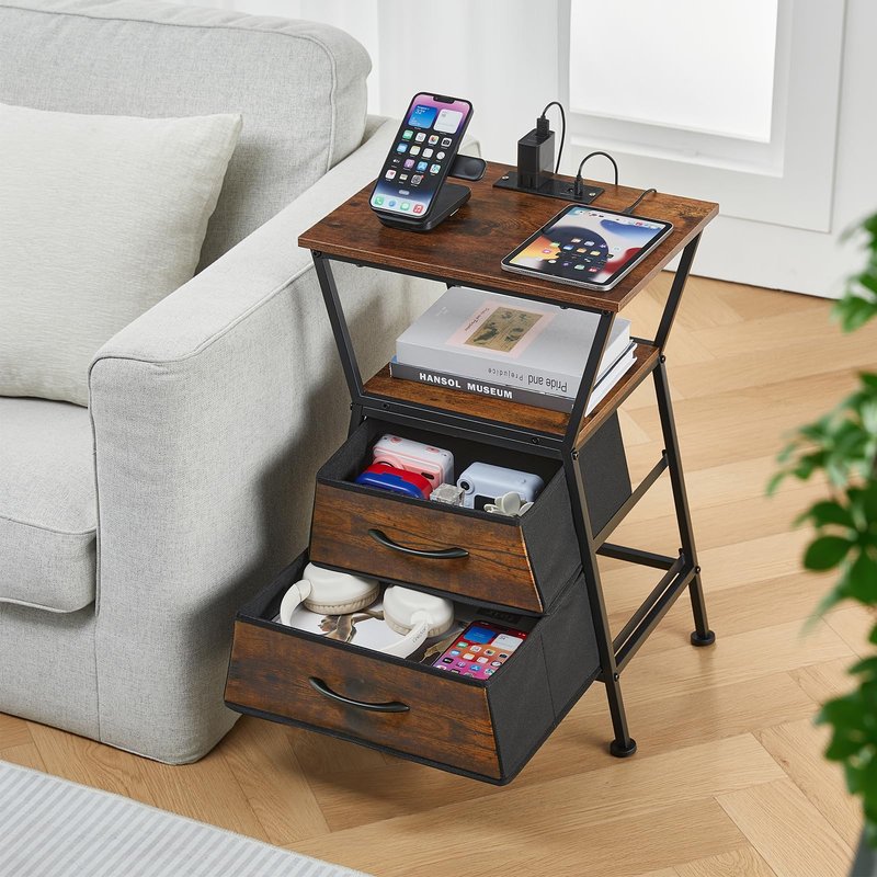 ZEXVIDA Nightstand with Charging Station, Side Tables for Bedroom with Built-in USB Side Table with 2 USB Ports and Outlets Nightstand with Cloth Drawer End Tables Living Room Sofa Couch