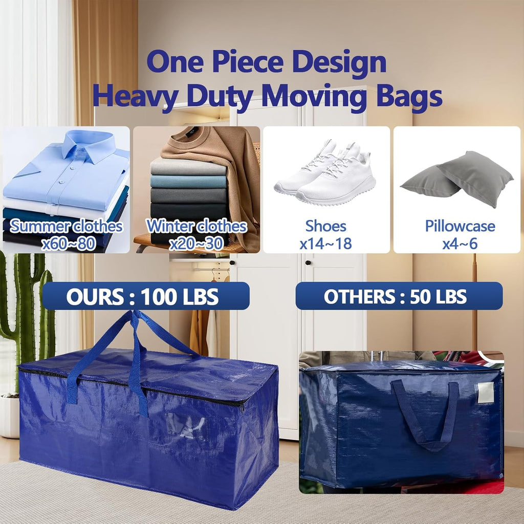 Skiennix 8-Pack Waterproof Moving Bags - Heavy Duty 100lb Capacity Totes for Packing & Storage | 95L, Blue