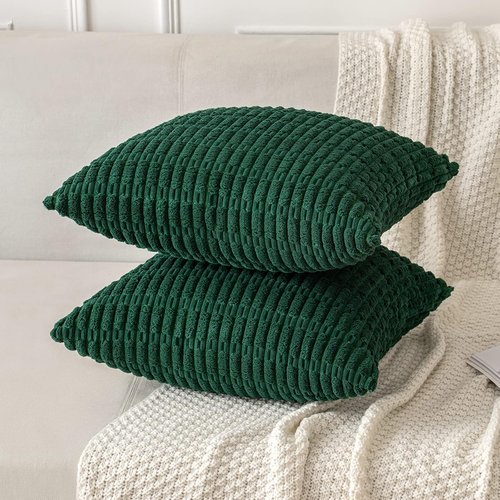 MIULEE Dark Green Corduroy Pillow Covers - Soft Boho Striped Design | 20x20 Inch for Modern Home Decor