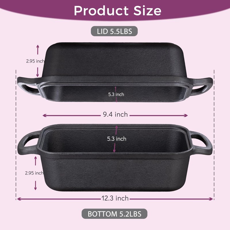 Vanderlume Cast Iron Loaf Pan with Lid 9x5 Inch, 2 in 1 Loaf Pans for Baking Bread, Even Heat Distribution for Sourdough, Homemade Bread