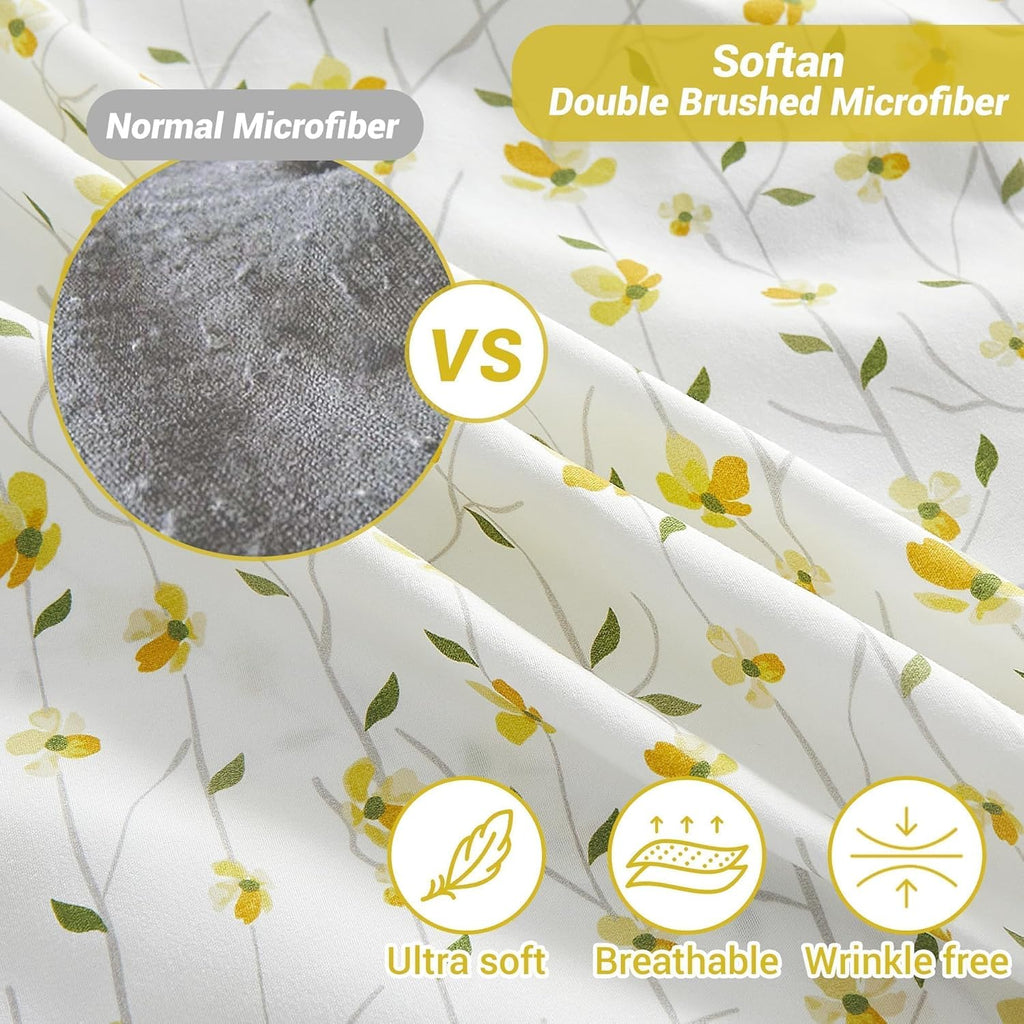 Softan Yellow Floral Queen Size Bed Sheets - 4 Piece Soft Microfiber Set with 15" Deep Pocket & Corner Straps