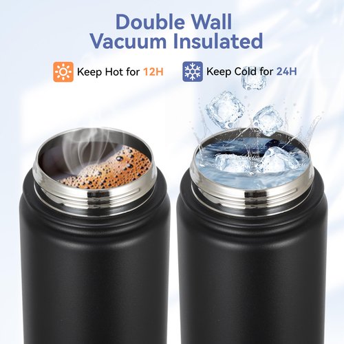 HASLE OUTFITTERS Insulated Water Bottle 16 oz Double Wall Vacuum Stainless Steel Water Bottle Leak Proof Wide Mouth with Straw Lid & Spout Lid Keeps Cold and Hot(Black,1pack)