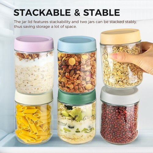HIGLASTO Overnight Oats Containers, 16oz Glass Food Storage Containers with Lids, Meal Prep Mason Jars for Oatmeal, Chia Seed Pudding, Yogurt (Set of 4)