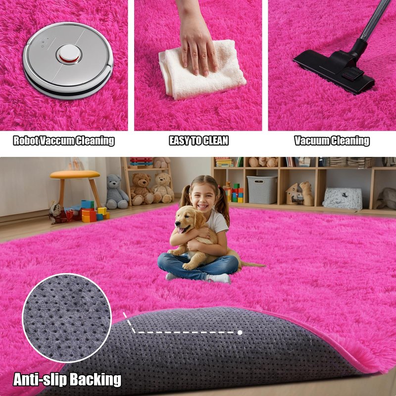 Rezutan Soft Fluffy Rug for Living Room Bedroom, Large Comfy Modern Shaggy Fuzzy Kids, Plush Indoor Nursery Classroom Home Decor Bedside Rug with Non-Slip Bottom, Hot Pink, 5X7 Feet
