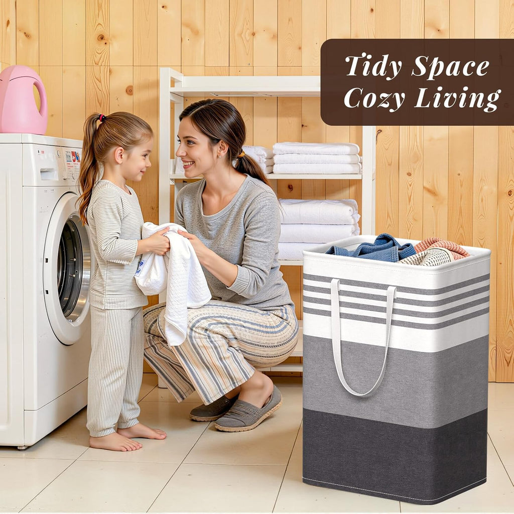 WOWBOX Laundry Baskets - 2 Pack Freestanding Hampers with Waterproof Coating & Reinforced Handles | 75L Grey