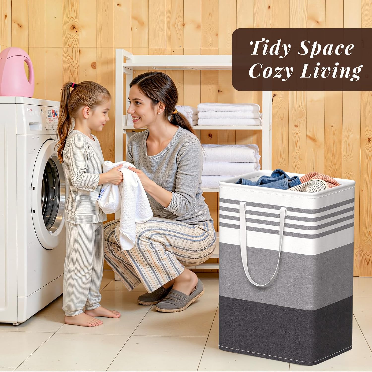 WOWBOX Laundry Baskets - 2 Pack Freestanding Hampers with Waterproof Coating & Reinforced Handles | 75L Grey