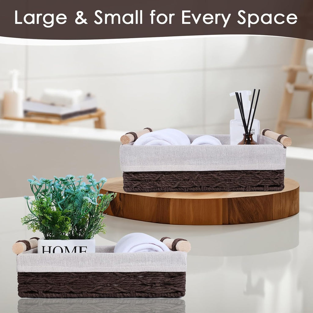 Wicker Storage Basket - Decorative Paper Rope Organizer with Wooden Handle | 2-Pack, Brown for Home & Office