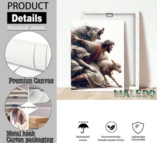 MALEDO Jesus and Lamb Canvas Wall Art - Christian Picture Decor for Living Room & Bedroom