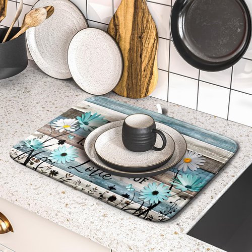 Daisy Floral Dish Drying Mat 16x18 Inches Rustic Wood Microfiber Absorbent Reversible Dish Draining Pad Fast Dry Kitchen Accessories