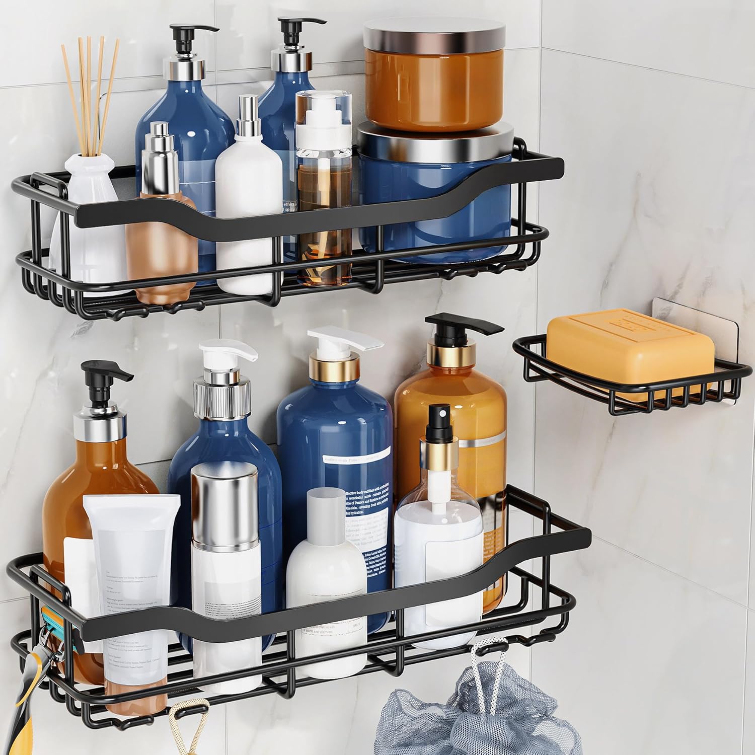 OMAIRA Shower Caddy - 3-Pack Adhesive Rustproof Organizer for Smooth Walls & Glass Tiles - Black (X-Large)