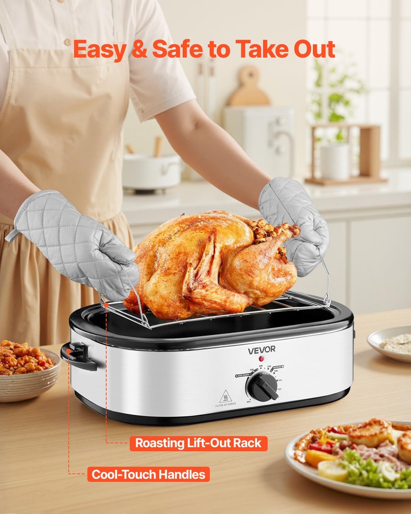 VEVOR Roaster Oven, 18QT Electric Roaster Oven, 150-450℉ Adjustable Temperature Electric Roasting Pan with Self-Basting Lid, Cool-Touch Handle, Defrost & Warm Function, Stainless Steel Turkey Ovens