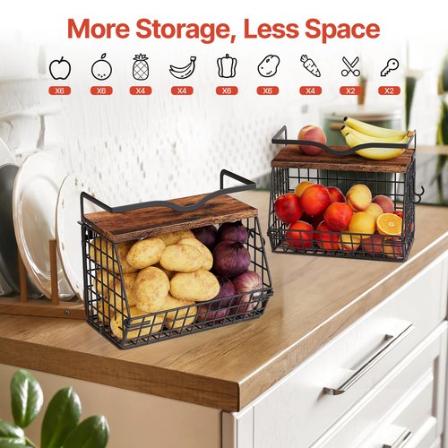 2 Pack Fruit Bowl Hanging Fruit Basket for Kitchen Counter,Stackable Wire Baskets for Onion Storage and Potato Storage with Wood Lid,Vegetable Fruit Basket with Banana Hooks