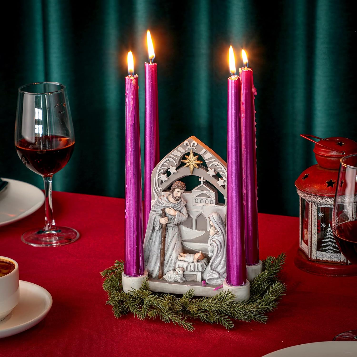 Nativity Advent Decorations - Holy Family Candle Holder with Arch | Religious Christmas Decor