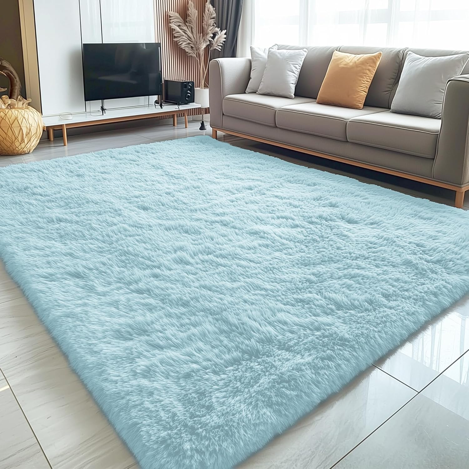 OLANLY Large Area Rug - Soft Fluffy Shaggy Carpet for Living Room & Bedroom | 5x8 Light Blue