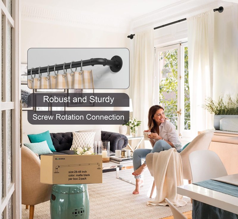 Qouara Curtain Rods for Windows 66 to 120, Black Adjustable Curtain Rods 2 Pack, Wrap Around Blackout Curtains Rod, Heavy Duty Industrial Curtains Rod, 1 Inch Indoor/Outdoor Drapery Pole 66-120"