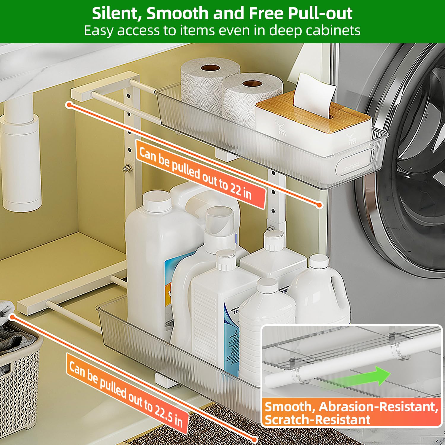 NRCUWI 2 Pack Under Sink Organizer, Pull Out Cabinet Organizer 2 Tier Slide Out, Under Sink Organizers and Storage Height Adjustable for Kitchen Bathroom Cabinet, Metal