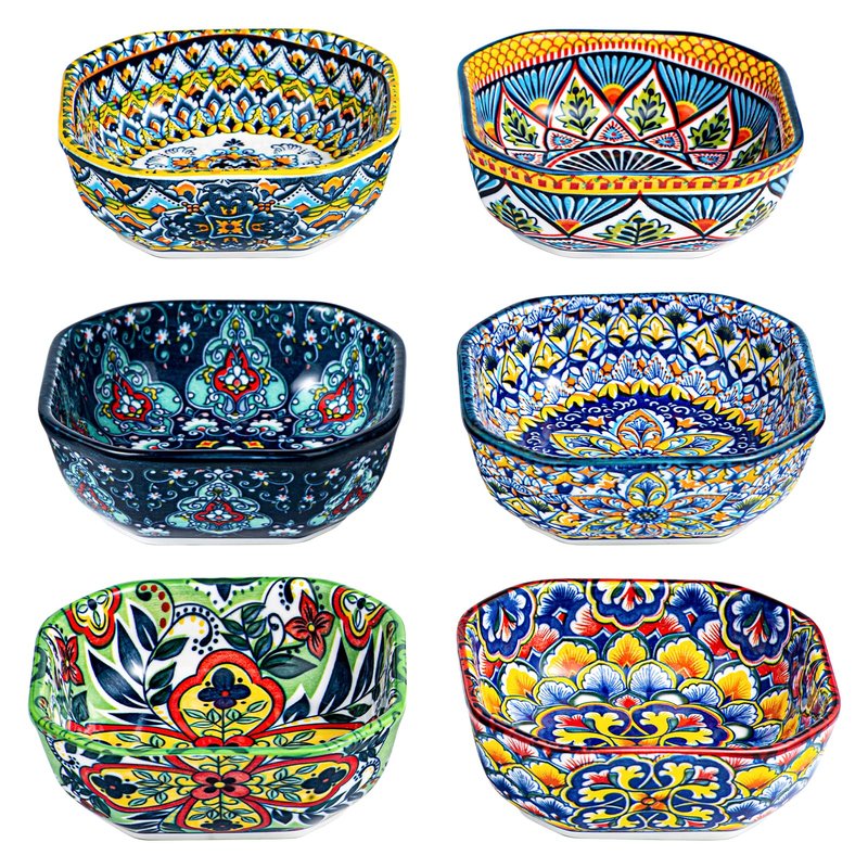 HENXFEN LEAD Boho Dipping Bowls – 8 oz Small Ceramic Snack Bowls, Square Soy Sauce Dish for Dips, Salsa, Side Dishes, Dessert – 4.3 Inch Appetizer Plates Set of 6