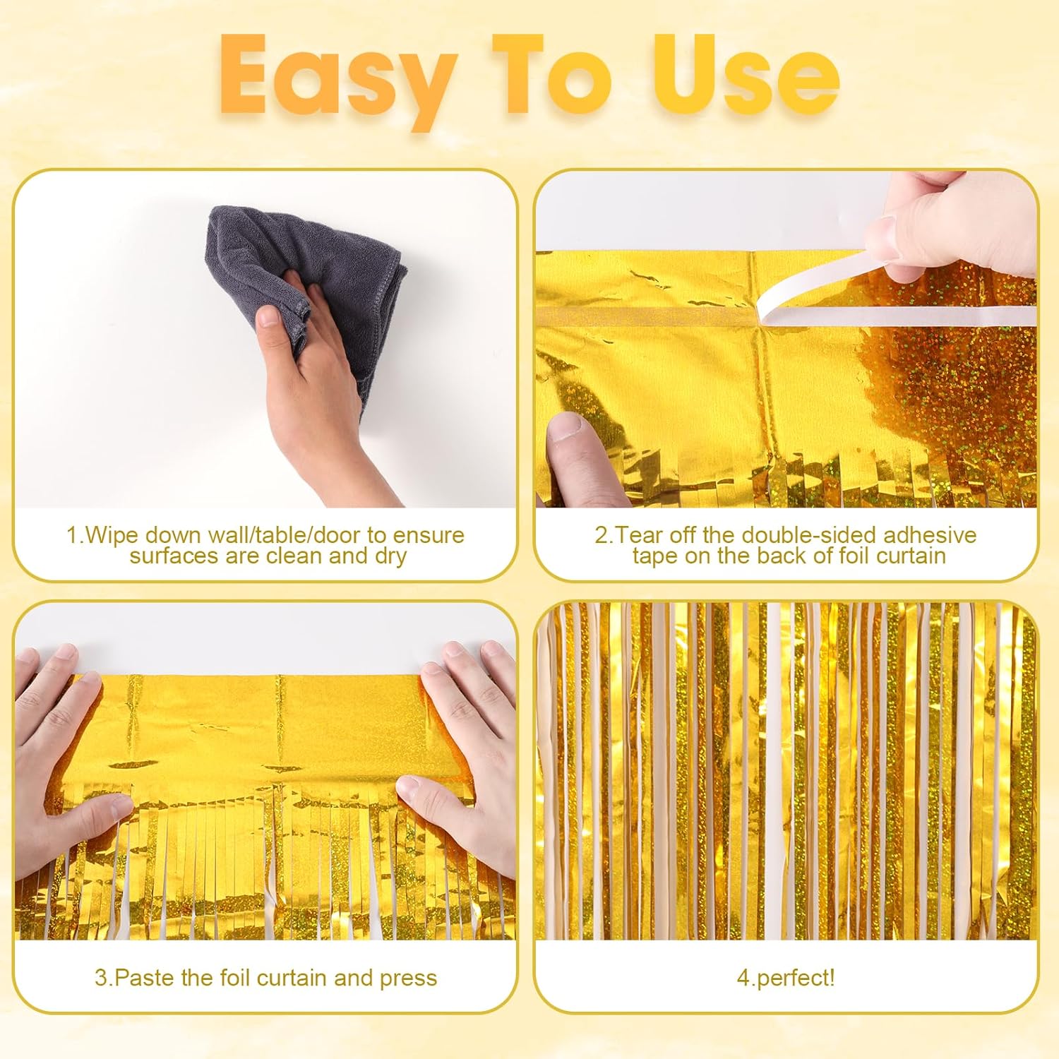 Voircoloria 3 Pack Laser Gold Foil Fringe Backdrop Curtains - 3.3 x 8.2 ft Tinsel Streamers for Parties