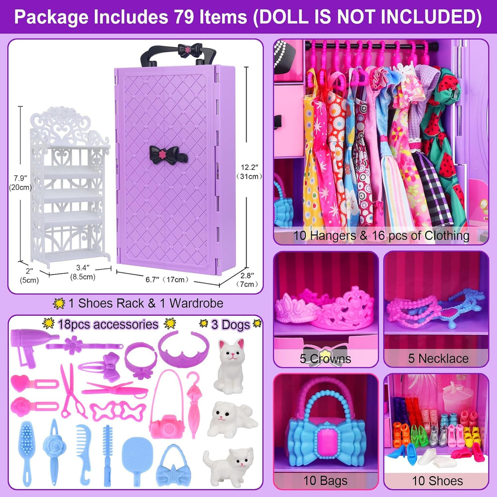 Regine Switzerland Girl Doll Clothes Closet - Stylish Wardrobe with Dresses & Shoes for 11.5-Inch Dolls