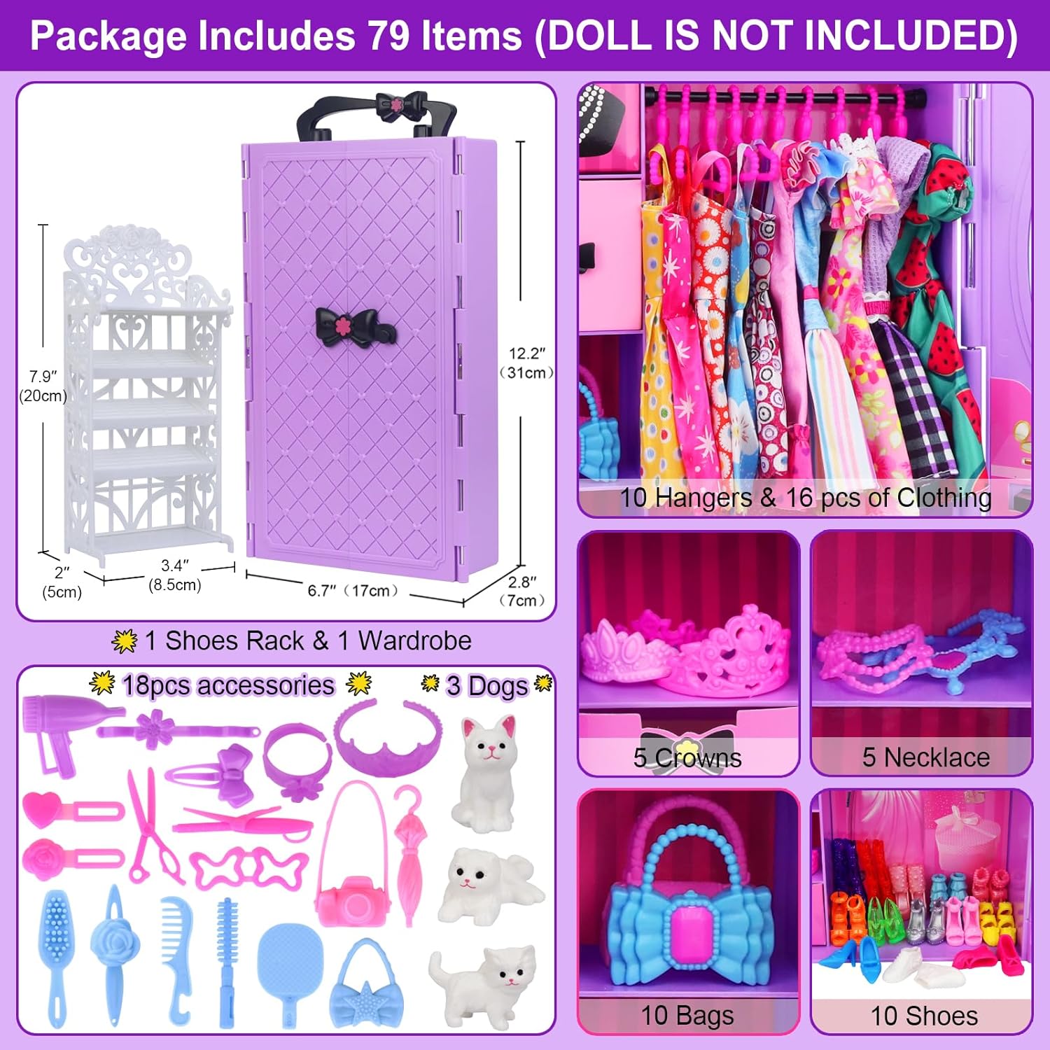 Regine Switzerland Girl Doll Clothes Closet - Stylish Wardrobe with Dresses & Shoes for 11.5-Inch Dolls