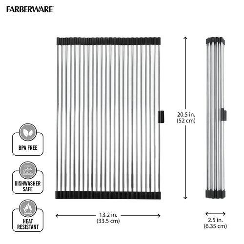 Farberware Space Saving Roll Up Over The Sink Dish Drying Mat with Rust Resistant Stainless Steel Wires with Non Slip BPA Free Food Safe Caps, Large, Silver/Black