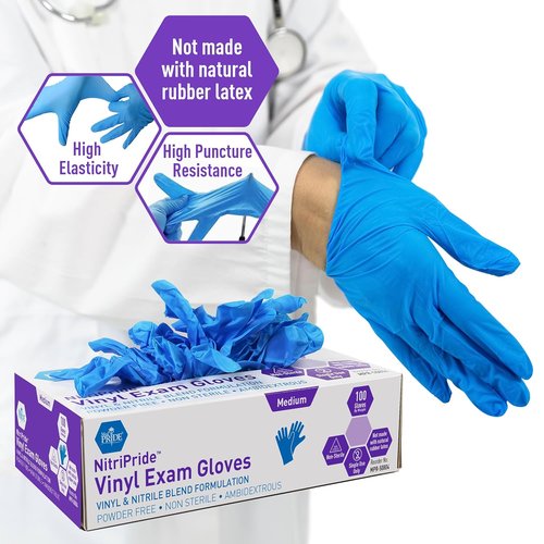 Med Pride Nitrile Vinyl Blend Exam Gloves - Powder-Free, Latex-Free, Disposable, Medium Blue (100 Count)