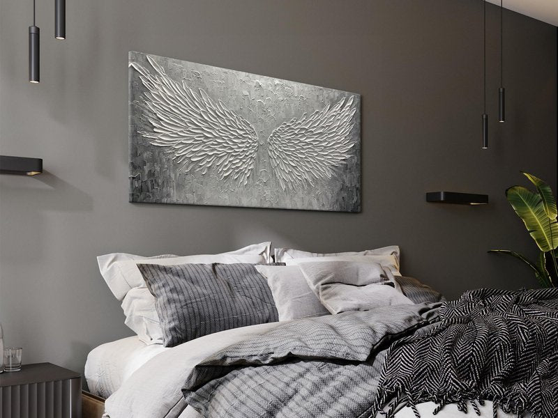 BASNLIFE Wall Art with Canvas Hand Painted Wings, Grey and White Heavy Texture Oil Painting Wall Decor, Modern Painting Artwork for Wall for Living Room Bedroom Office Home Decor(48" Wx24 L)
