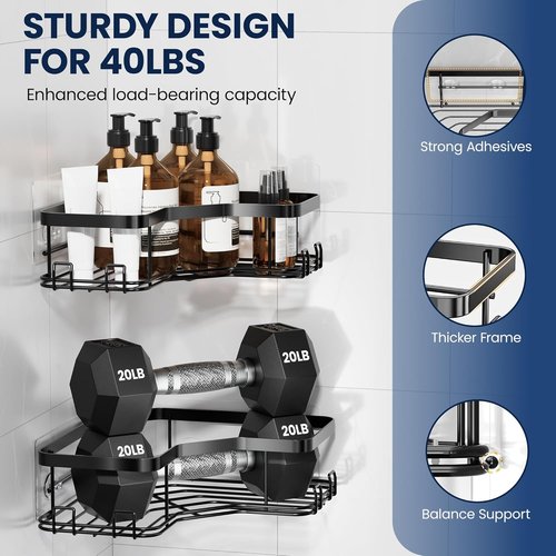 MAXIFFE Corner Shower Caddy - 3 Pack Sturdy Adhesive Organizer with Soap Holder | Black, No Drilling