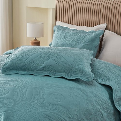 Kingnex Extra Wide Oversized King Bedspreads 128x120 for Tall King or Cal King Bed Ultrasonic Quilted Coverlet Set 3 Piece Include 1 Quilt 2 Pillowcases Blue