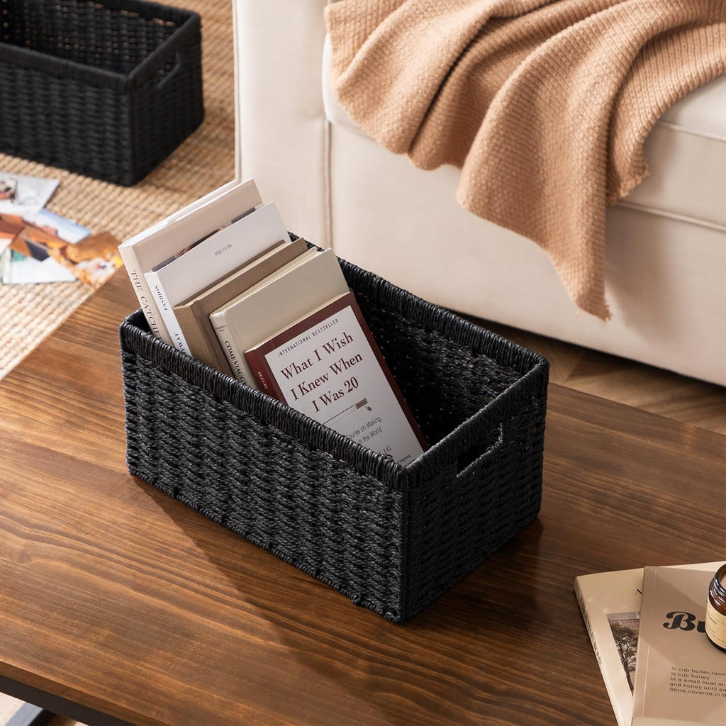 UBBCARE Wicker Storage Baskets - Foldable Rectangular Design with Handles | 2 Pack, Black, 13.4L x 8.3H x 7.1W Inches