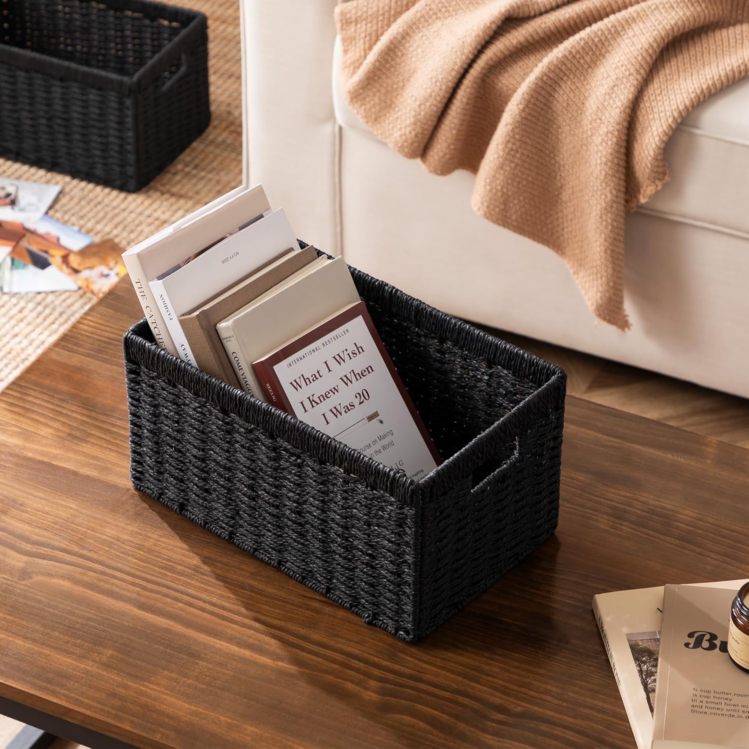UBBCARE Wicker Storage Baskets - Foldable Rectangular Design with Handles | 2 Pack, Black, 13.4L x 8.3H x 7.1W Inches