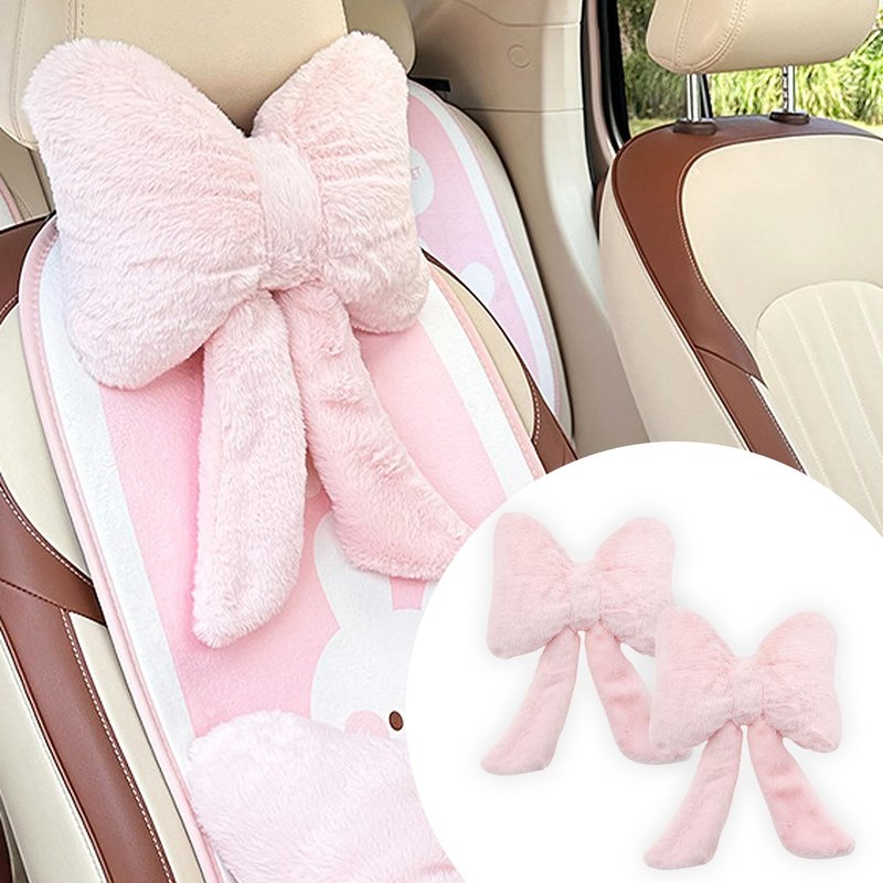 UINSUE Car Neck Pillow 2PCS Plush Bowknot Car Headrest Pillow – Comfortable Neck Support for Driving Soft Touch Fabric Car Pillow Cute Interior Decor (Pink)