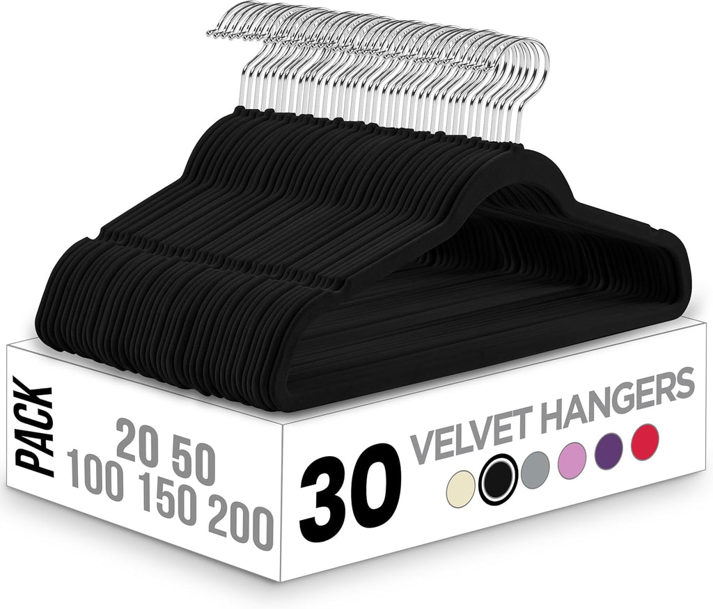 Utopia Home Velvet Hangers - Luxury Non-Slip Slim Coat & Pant Hangers, 30 Pack, 360° Swivel Hook - Black